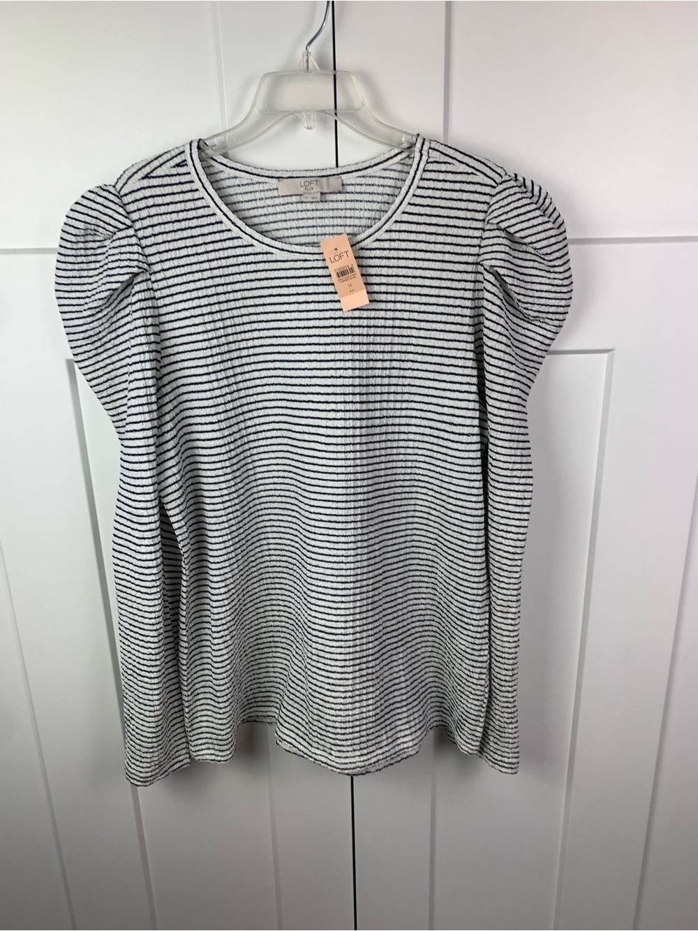 NWT LOFT Plus Size 14 XXL Black Stripe Puff Sleeve Top Coquette Square Neck Long - Picture 2 of 6